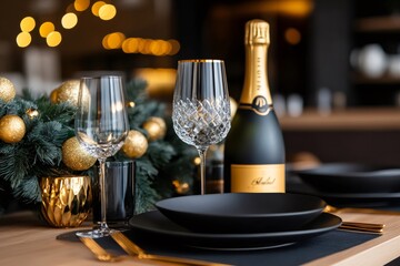 Elegant christmas table setting with champagne bottle and crystal glasses