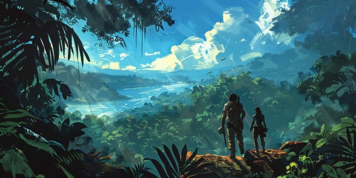 Jungle explorers encountering a lost civilization, comic art style, 4K illustration