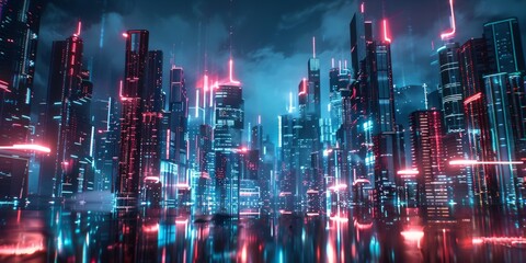 Sci-fi city skyline with crimson and aqua neon lights. Night scene with advanced skyscrapers. 3D...