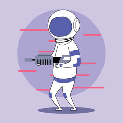 Cartoon astronaut standing confidently, holding futuristic weapon, against purple background with abstract lines