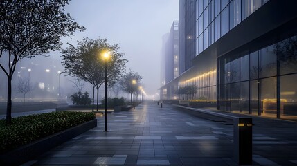 Fototapeta premium 66. A quiet, foggy urban street with soft lighting and a minimal futuristic skyline.