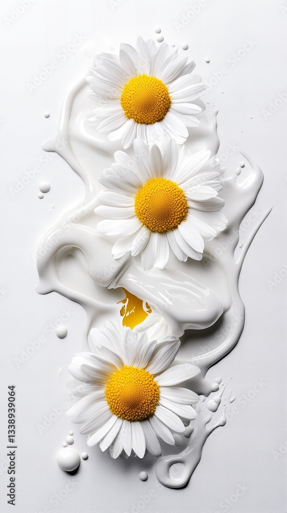 Poster Three daisies are arranged vertically with dripping white paint over a white surface, creating a simple, bright composition with focus on the flowers'
