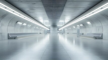 Obraz premium 68. A quiet, minimalistic subway station in a futuristic city, illuminated by soft white lights.