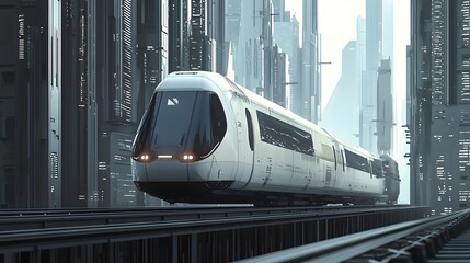 Naklejka premium 69. A sleek, futuristic train gliding through a minimal cityscape with neutral-toned architecture.