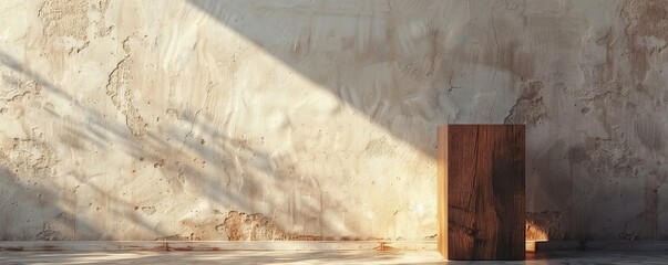 Empty short wooden pedestal against a wall. 4K close-up illustration.