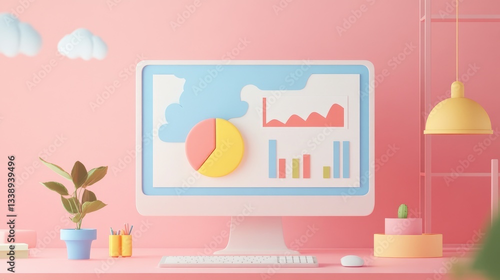 Poster modern workspace with colorful computer display and office decor