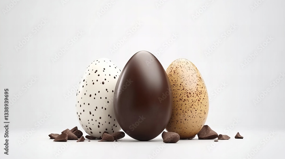 Aufkleber three easter eggs are standing on a white surface with pieces of dark chocolate scattered around the