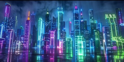 Futuristic city skyline with indigo and lime neon lights. Night scene with advanced skyscrapers. 3D Render.