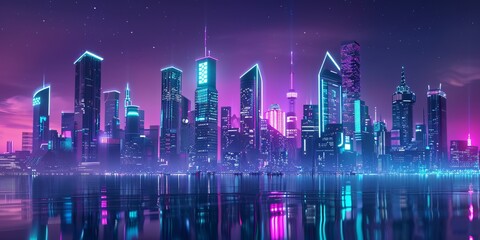 Sci-fi city skyline with magenta and emerald neon lights. Night scene with advanced skyscrapers. 3D Render. © Sasha