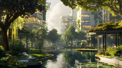 Obraz premium 84. A peaceful futuristic cityscape where buildings merge seamlessly into nature.
