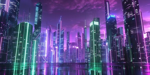 Obraz premium Futuristic city skyline with violet and green neon lights. Night scene with advanced skyscrapers. 3D Render.