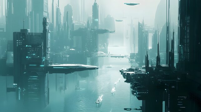 86. A futuristic city with a muted palette of soft blues and grays, radiating tranquility.