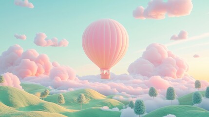 Obraz premium Dreamy Hot Air Balloon Voyage Over Lush Green Hills and Clouds