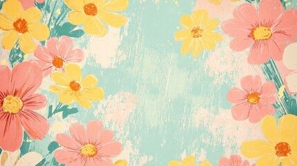 Vibrant Floral Background with Pink and Yellow Flowers on Blue
