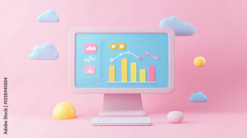Poster cute desktop monitor with graphs and colorful cloud elements
