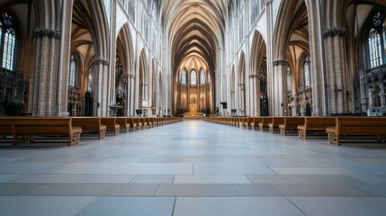 Obraz premium Stunning View of Grand Cathedral Interior with High Arched Ceiling and Wooden Benches in Soft Natural Light