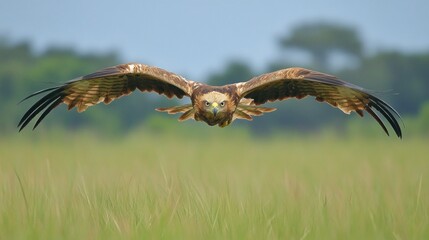 Obraz premium Hawk in flight over grassy savanna