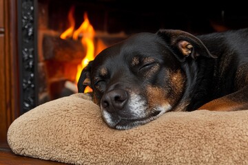 Charming canine lying peacefully in a soft dog bed, relaxed and cozy atmosphere with homey decor in the background