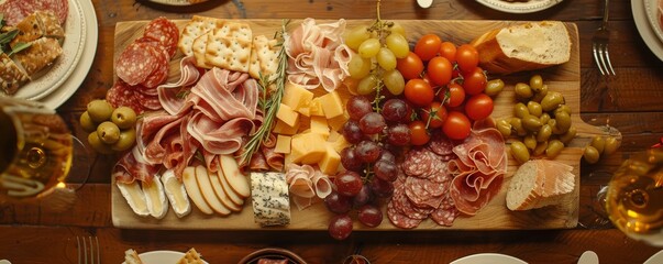 Display the charcuterie board with surrounding negative space, highlighting its French culinary sophistication and leaving ample room for accompanying text or messages
