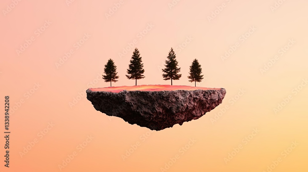 Poster sunset landscape abstract background concept. a surreal floating island with four trees against a so