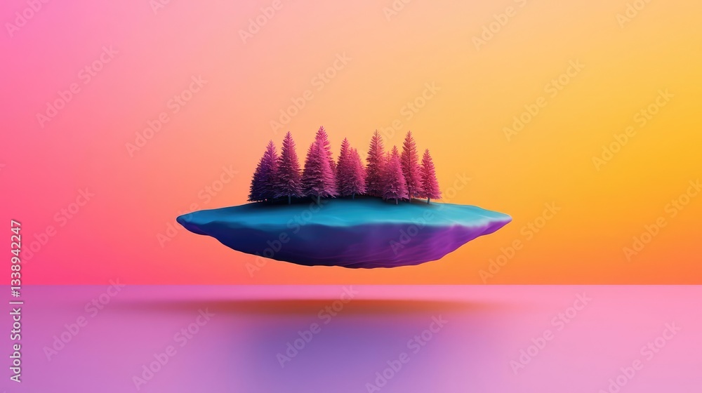 Poster sunset landscape abstract background concept. a surreal floating island with vibrant trees against a