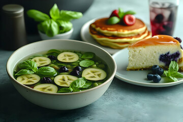 Delicious Healthy Soup With Pancakes And Cheesecake
