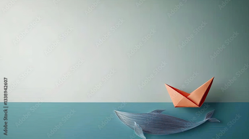 Poster negative space design abstract background concept. a minimalist scene featuring a paper boat and a w