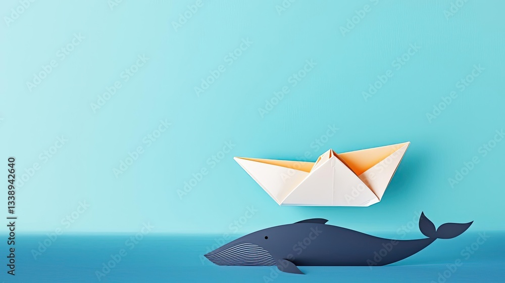 Poster negative space design abstract background concept. a paper boat floats above a whale, symbolizing im