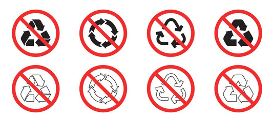 Set of a not allowed icon with a recycle sign. do not recycle illustration design. Arrows recycle and no recycle icons