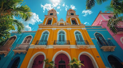 Vibrant colonial church facade, colorful buildings, sunny sky.