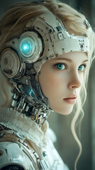 Close-up portrait of a young woman with futuristic cybernetic headgear