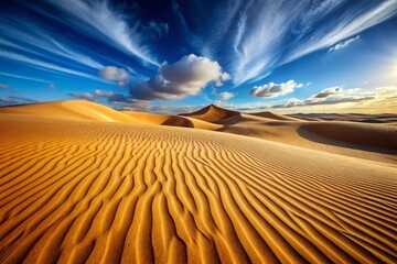 Naklejka premium Majestic Desert Dunes: Expansive Sand Landscape Under a Vivid Blue Sky - Perfect for Text Overlay