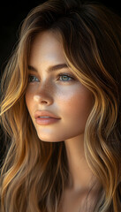 Close-up portrait of a young woman with long, wavy blonde hair and blue eyes, looking thoughtfully off to the side