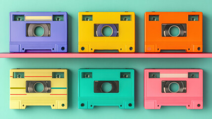 Obraz premium 1970s Cassette Tape Collection Home Studio Retro Decor Vibrant Colors Close-Up Nostalgia