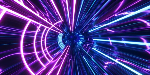 Midnight Blue, Navy, and Royal Blue colored streaks form an abstract neon lights tunnel. 3D Render.
