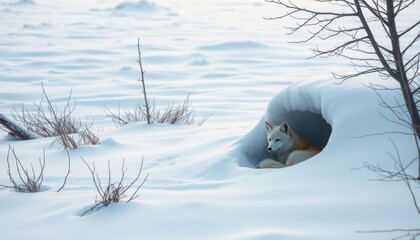 Fox resting in snowy burrow arctic landscape nature photography peaceful environment close-up view wildlife concept