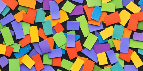 Obraz premium Colorful Rectangular Papers Scattered on Black Background Abstract Texture Design