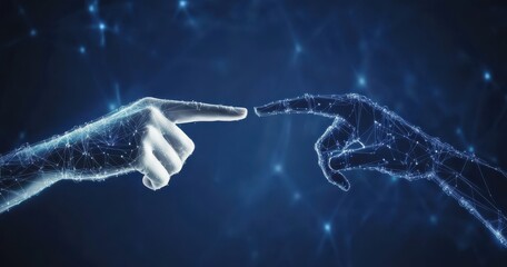 Human hand and robot finger touching, connecting through digital network, artificial intelligence concept