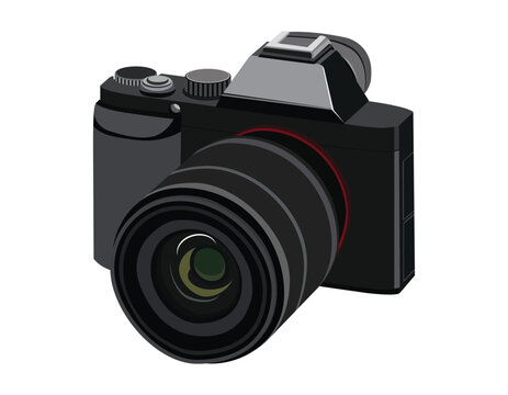 Realistic digital illustration of a professional black dslr camera with large zoom lens