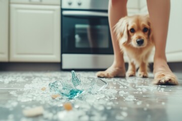 Obraz na płótnie Canvas The dog broke a bottle in the kitchen