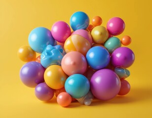 Fototapeta premium Colorful Abstract Shiny Balloons Cluster on Yellow Background Festive Design 3D Render