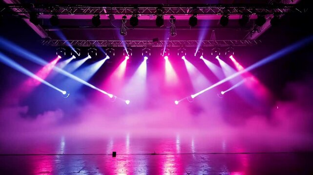 Colorful stage lights illuminating an empty stage with smoke and haze