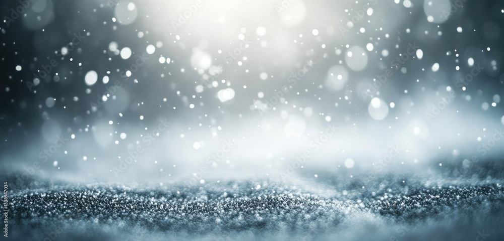 Poster Sparkling snow falling on a glittering surface with dreamlike bokeh effect