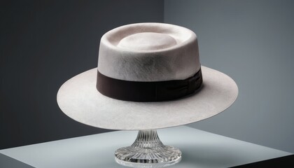 Stylish White Hat with Black Band on Crystal Stand Fashionable Accessory