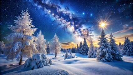 Magical Snowy Winter Night Landscape, Illuminated Trees, Starry Sky Macro Photography
