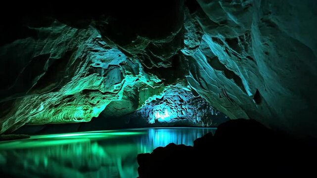 Green cave with water reflection, underground scenery and nature wonder