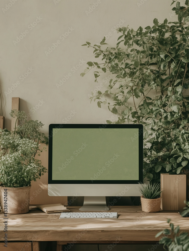 Poster workspace oasis: a modern workspace is beautifully merged with nature, featuring a computer surround