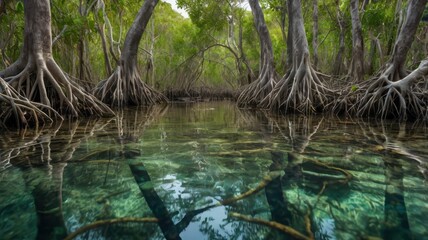 Serene Mangrove Forest River Crystal Clear Water Lush Green Canopy Intricate Roots