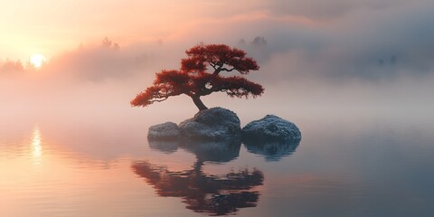 Tranquil Zen Landscape: A captivating landscape showcasing a serene view of a tree on stone in the middle of water with a gentle fog, creating an ambiance of peace and reflection.