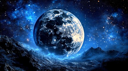 Moon over mountains in space with a starry background